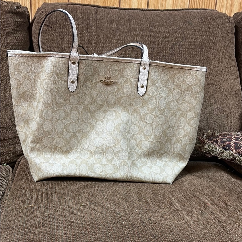 Coach Cream Signature Tote with White Trim